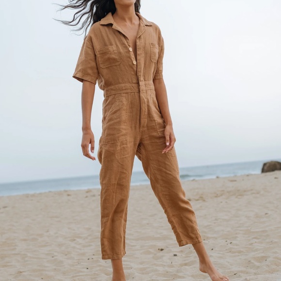 MATE the Label Pants - Mate The Label Short Sleeve Linen Jumpsuit in Sedona